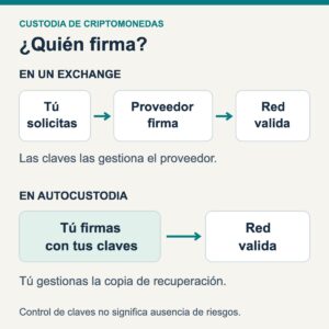 Diagrama: en un exchange firma el proveedor; en autocustodia firmas con tus claves y la red valida