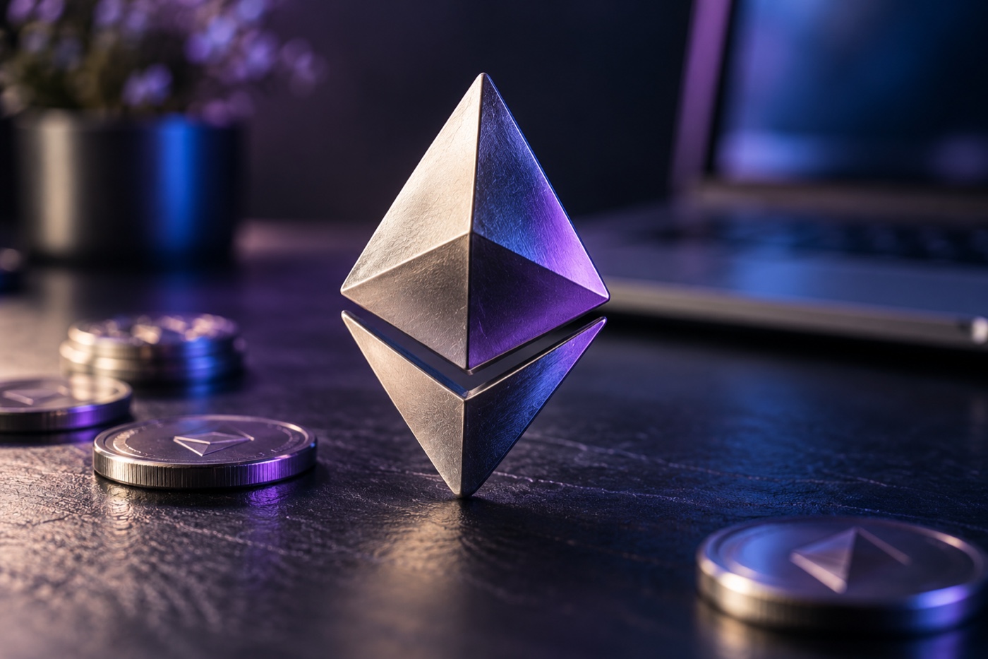 Ilustración de un emblema metálico de Ethereum sobre un escritorio.