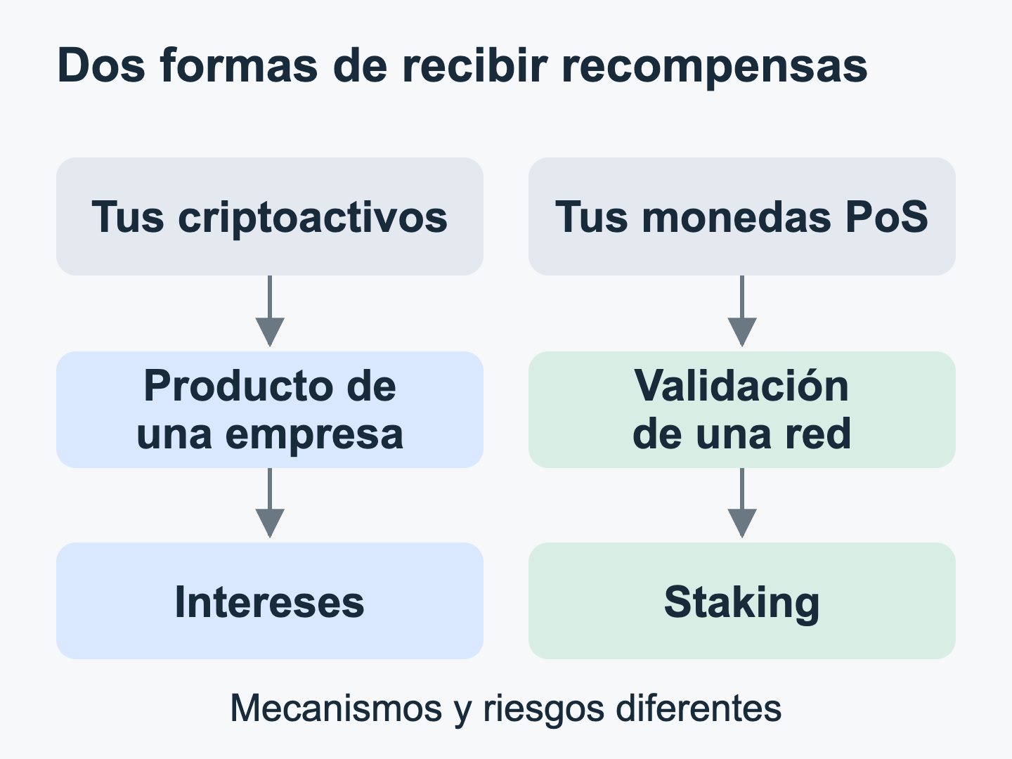 Los intereses dependen de un producto de empresa; el staking participa en la validación de una red.