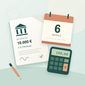 Ilustración de un depósito de 10.000 euros al 3 % TIN, calendario de seis meses y calculadora con 150 euros